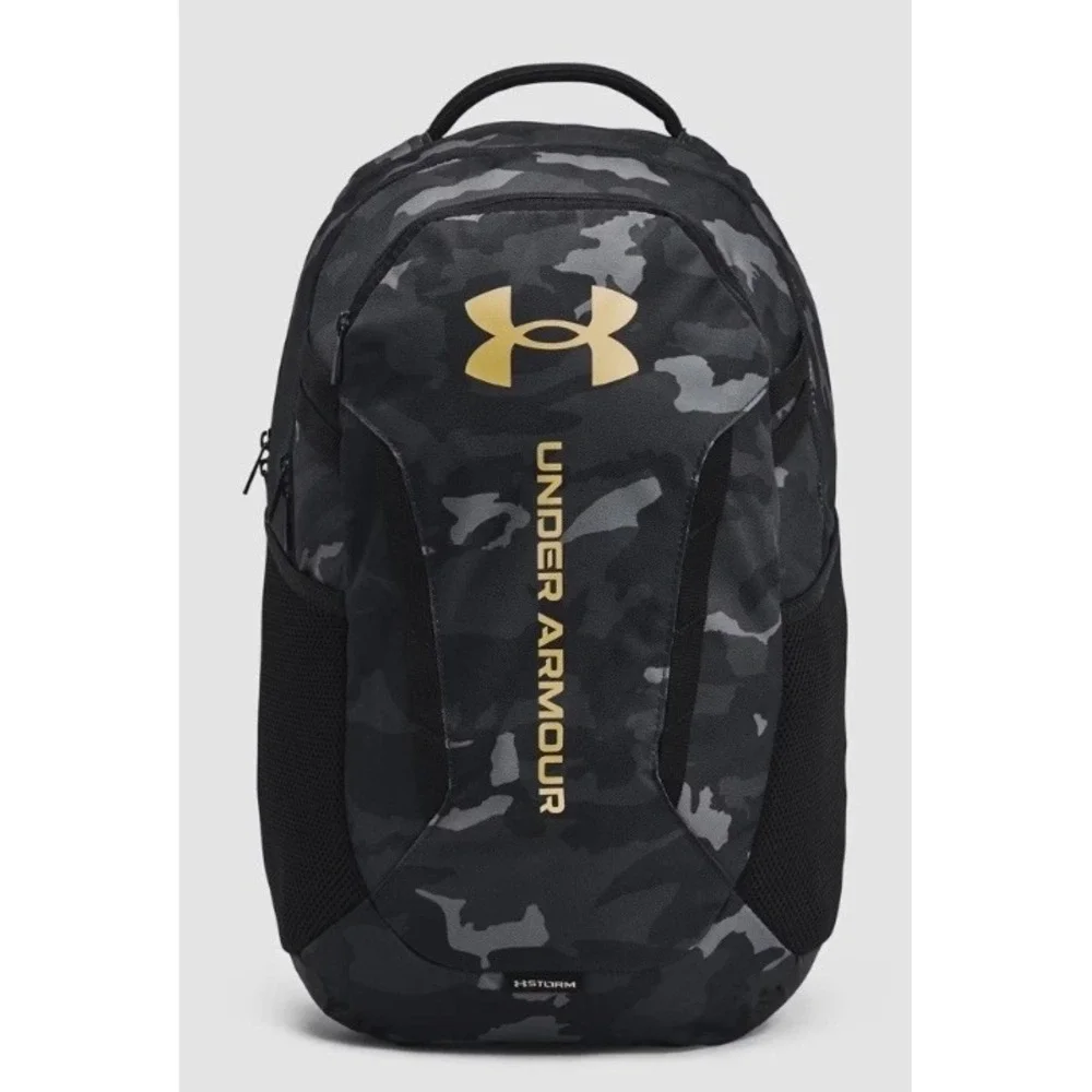 Under Armour Hustle 5.0 Storm Black Gray Camo Laptop Backpack Gold Logo School